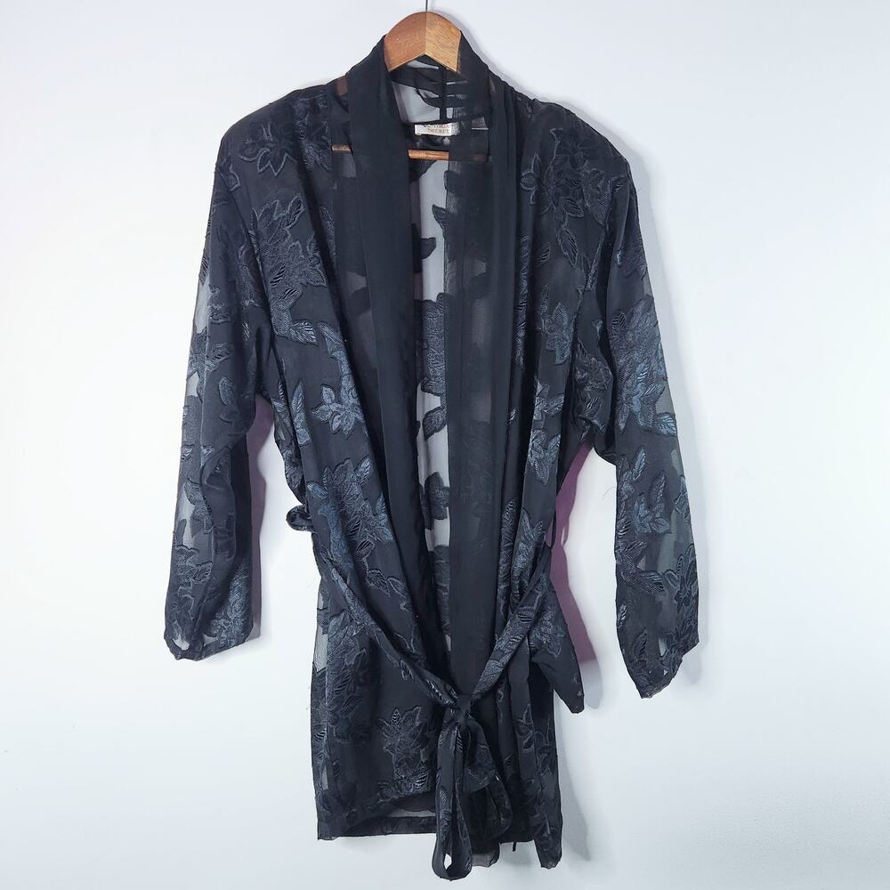 Vintage Victoria Secrets Womens Black Sheer Floral Short Belted Robe Size Large